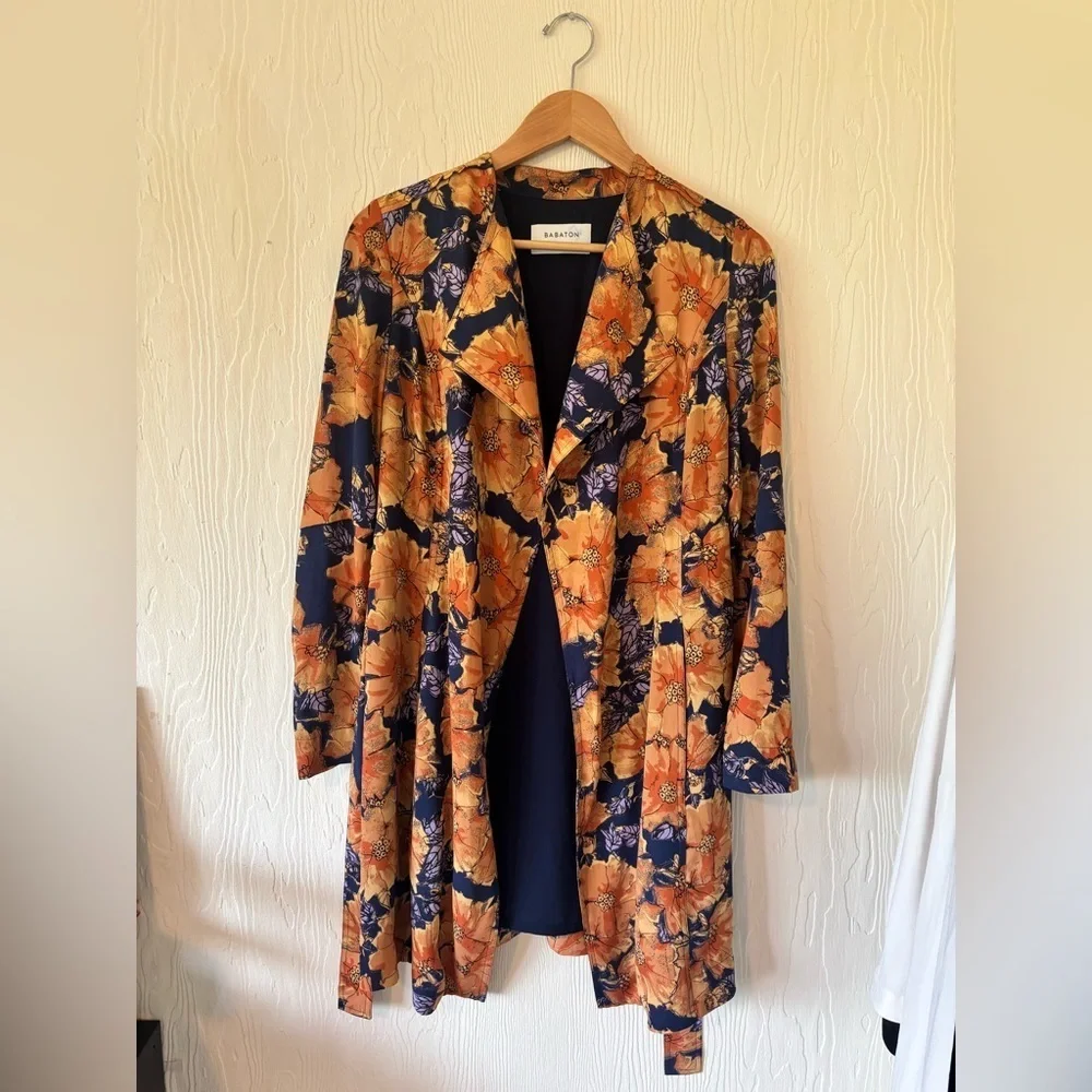 Babaton Aritzia Blue Orange Quincy Floral Trench Cardigan Jacket Wrap Dress - Picture 15 of 17